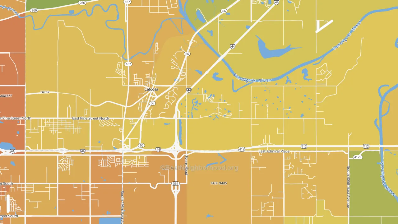 Map of the best neighborhoods in the 74015 area, with better matches in green and worse matches in red