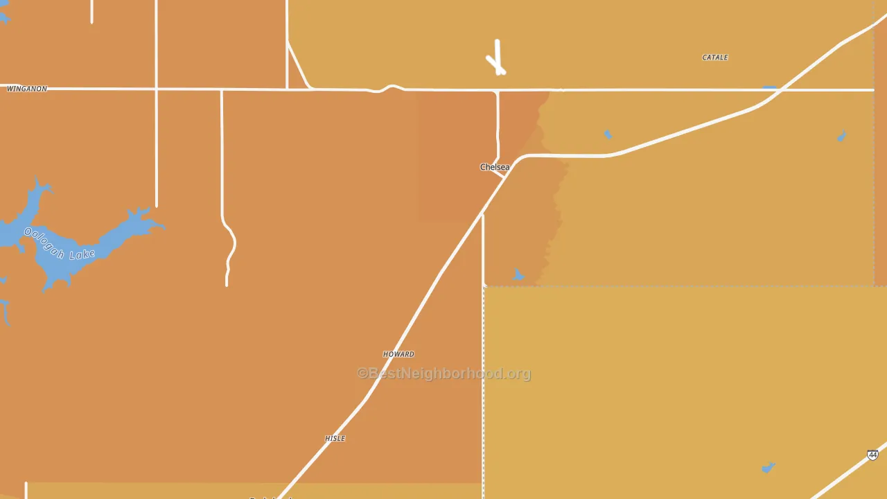 Map of the best neighborhoods in the 74016 area, with better matches in green and worse matches in red