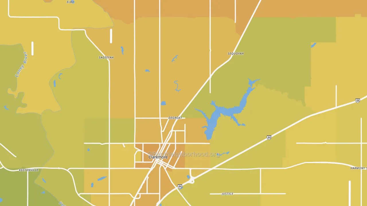 Map of the best neighborhoods in the 74017 area, with better matches in green and worse matches in red