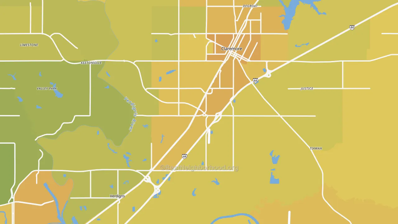 Map of the best neighborhoods in the 74019 area, with better matches in green and worse matches in red