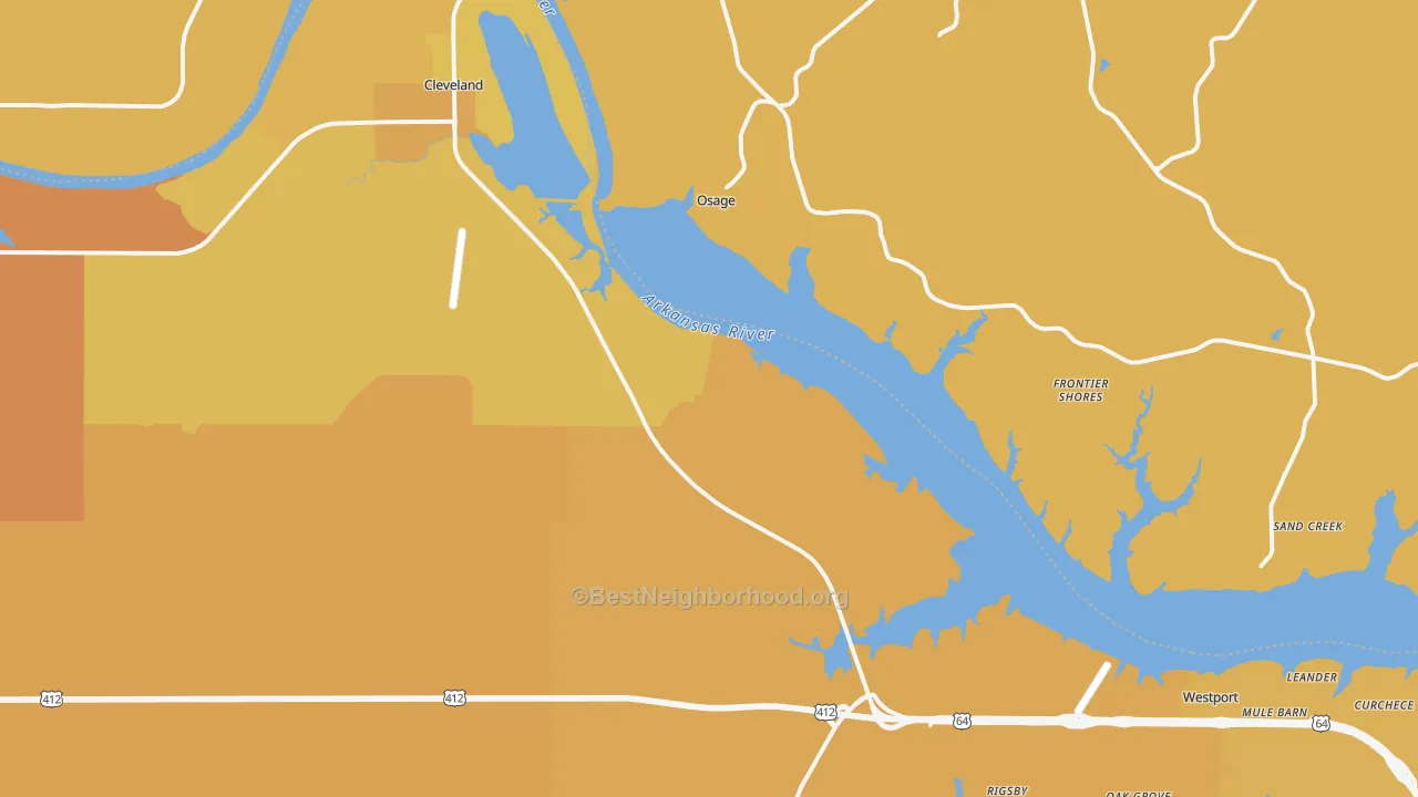 Map of the best neighborhoods in the 74020 area, with better matches in green and worse matches in red