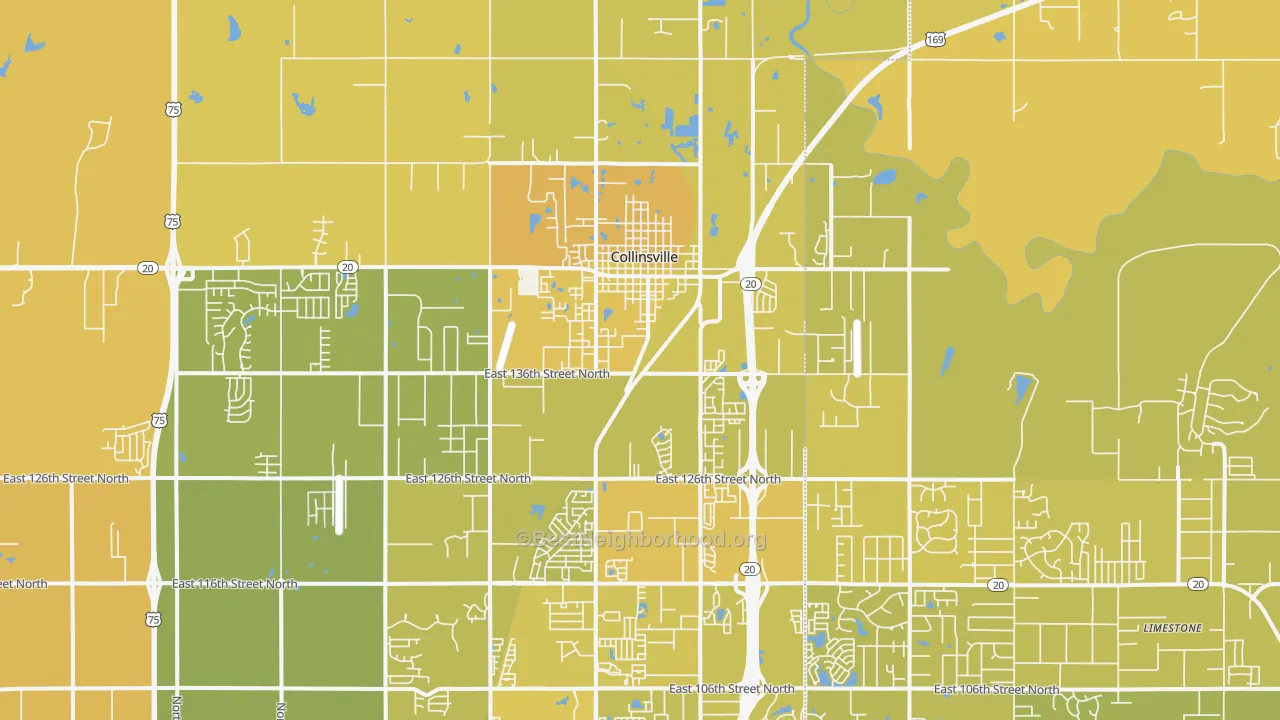 Map of the best neighborhoods in the 74021 area, with better matches in green and worse matches in red