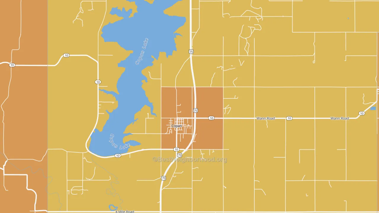 Map of the best neighborhoods in the 74022 area, with better matches in green and worse matches in red