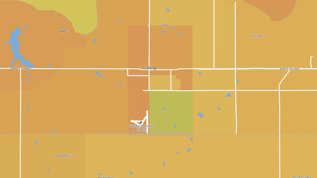 Map of the best neighborhoods in the 74023 area, with better matches in green and worse matches in red