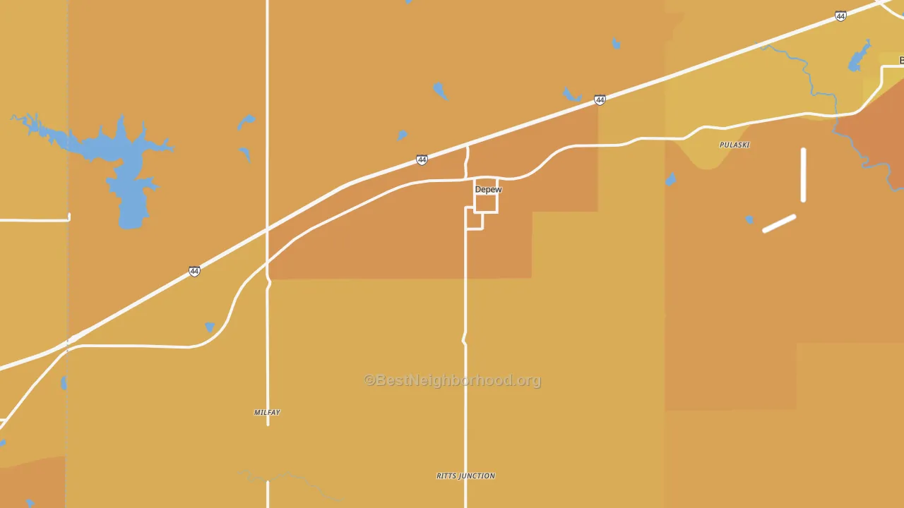 Map of the best neighborhoods in the 74028 area, with better matches in green and worse matches in red