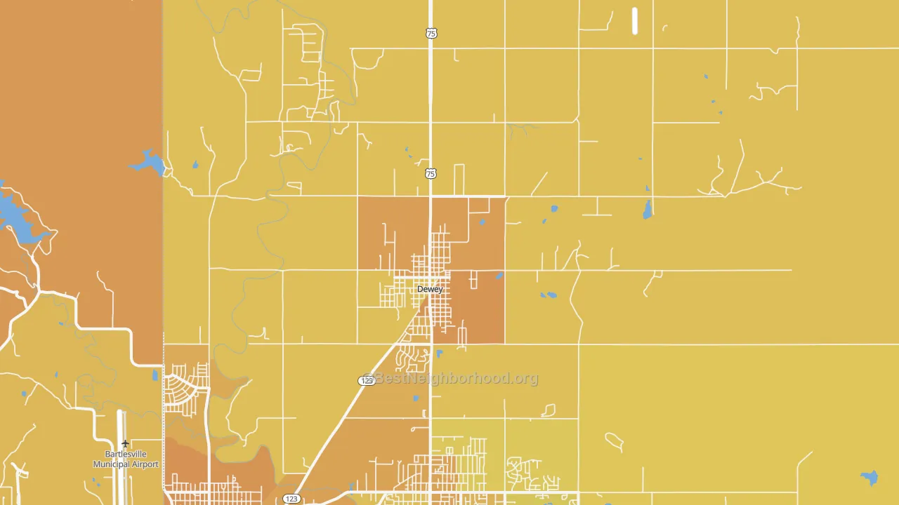 Map of the best neighborhoods in the 74029 area, with better matches in green and worse matches in red