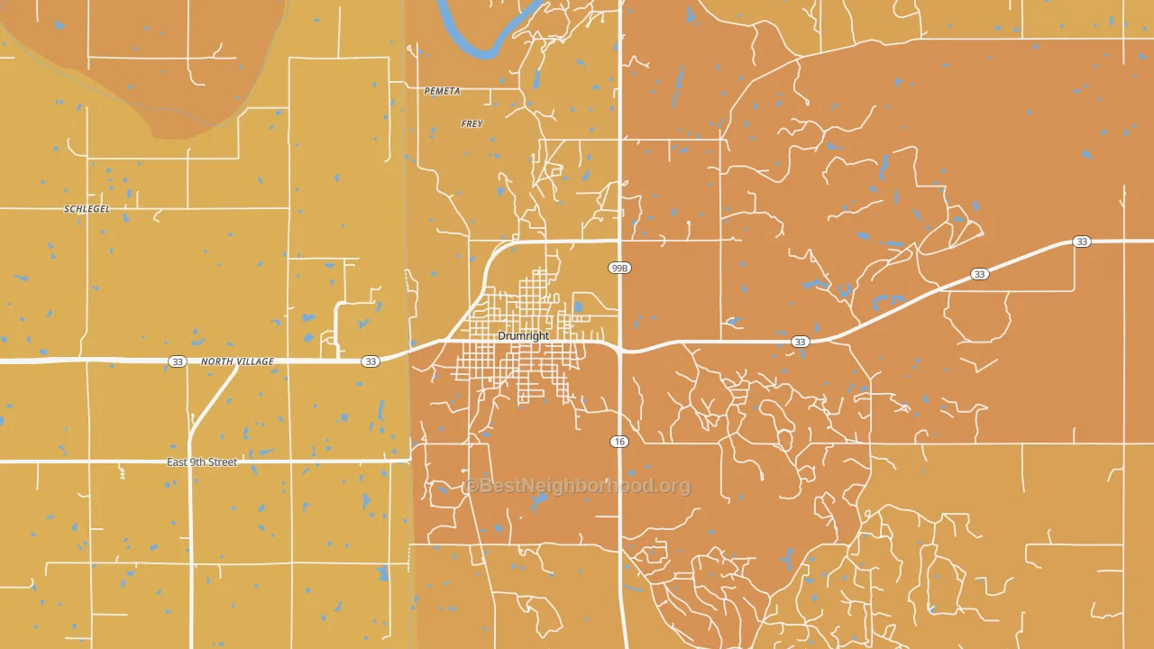 Map of the best neighborhoods in the 74030 area, with better matches in green and worse matches in red