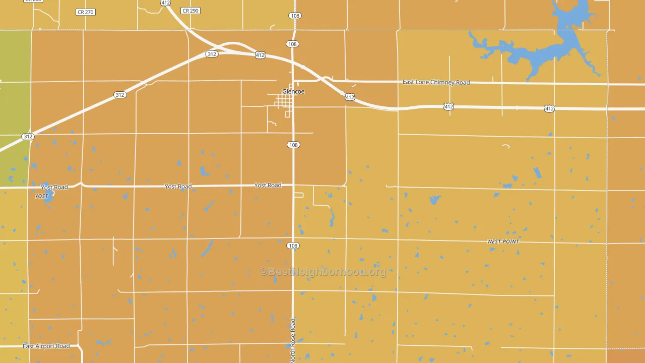 Map of the best neighborhoods in the 74032 area, with better matches in green and worse matches in red