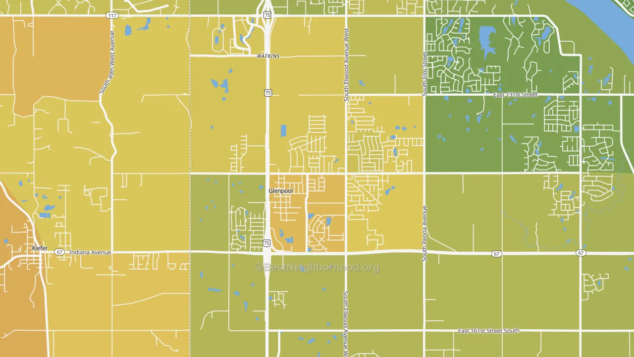 Map of the best neighborhoods in the 74033 area, with better matches in green and worse matches in red