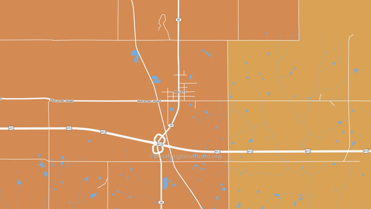 Map of the best neighborhoods in the 74034 area, with better matches in green and worse matches in red