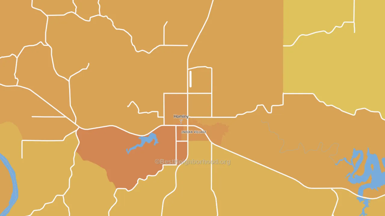 Map of the best neighborhoods in the 74035 area, with better matches in green and worse matches in red