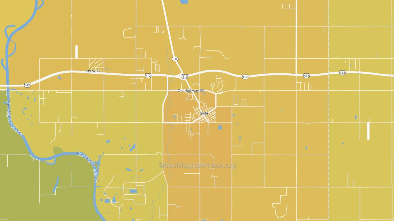 Map of the best neighborhoods in the 74036 area, with better matches in green and worse matches in red