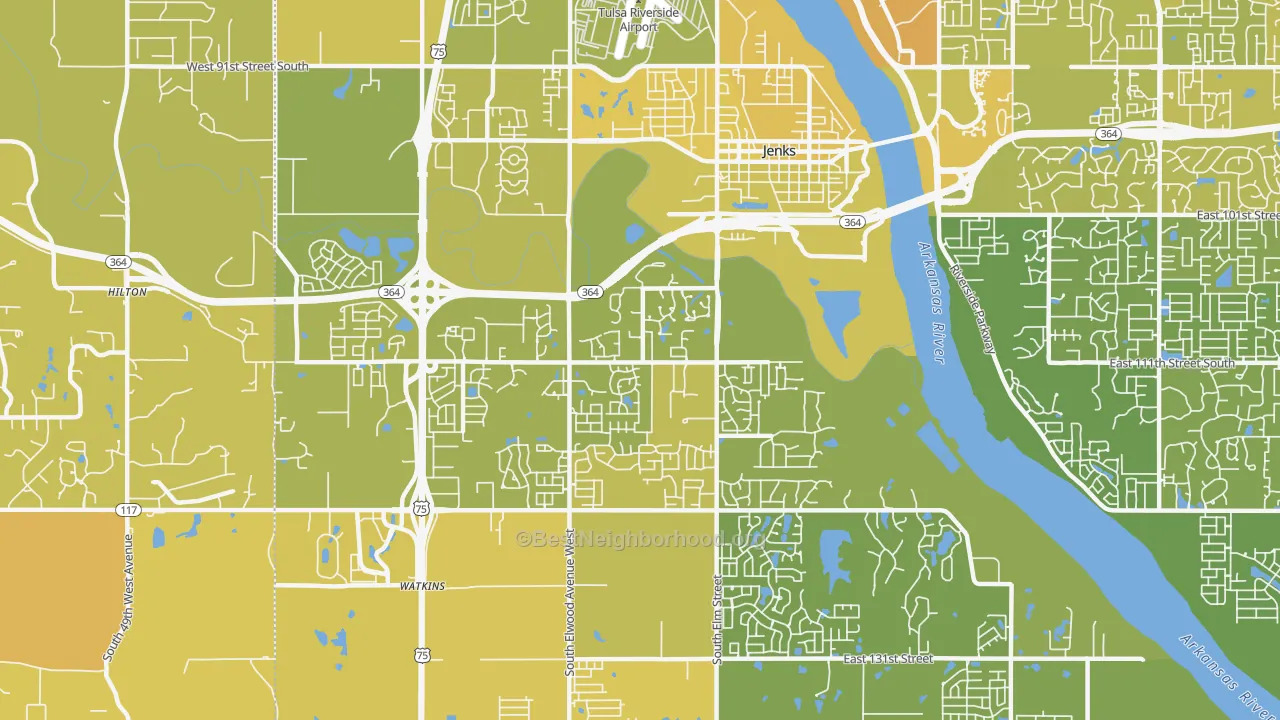 Map of the best neighborhoods in the 74037 area, with better matches in green and worse matches in red