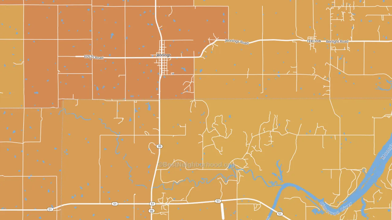 Map of the best neighborhoods in the 74038 area, with better matches in green and worse matches in red