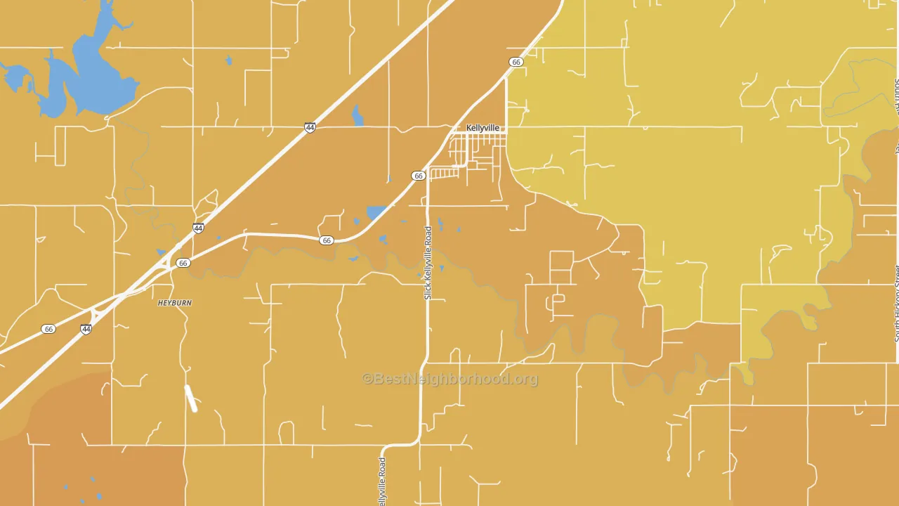 Map of the best neighborhoods in the 74039 area, with better matches in green and worse matches in red