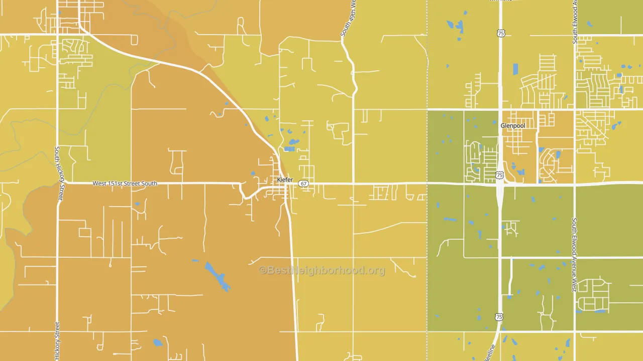 Map of the best neighborhoods in the 74041 area, with better matches in green and worse matches in red