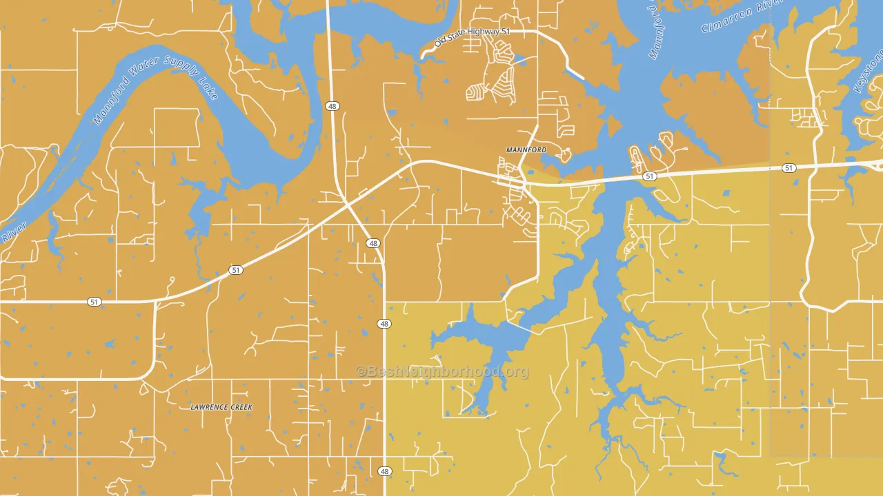 Map of the best neighborhoods in the 74044 area, with better matches in green and worse matches in red