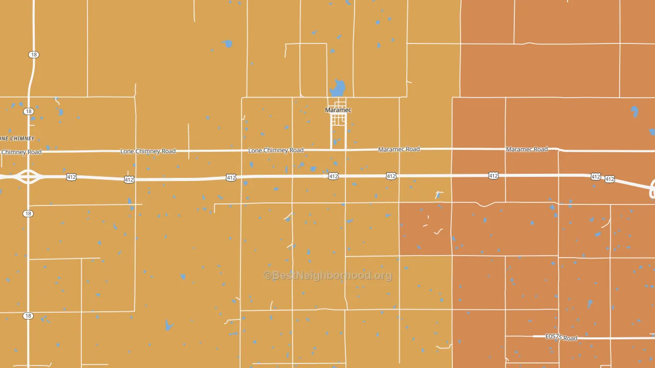 Map of the best neighborhoods in the 74045 area, with better matches in green and worse matches in red