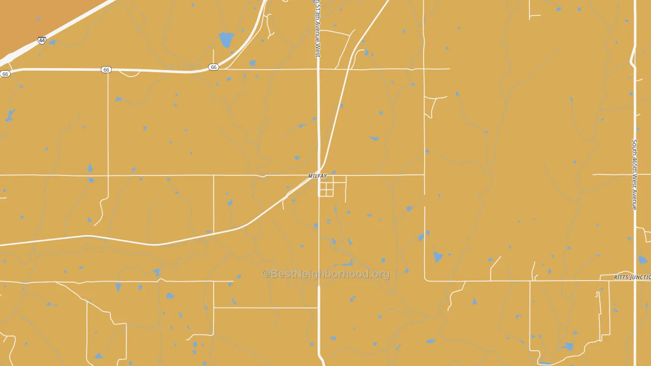 Map of the best neighborhoods in the 74046 area, with better matches in green and worse matches in red
