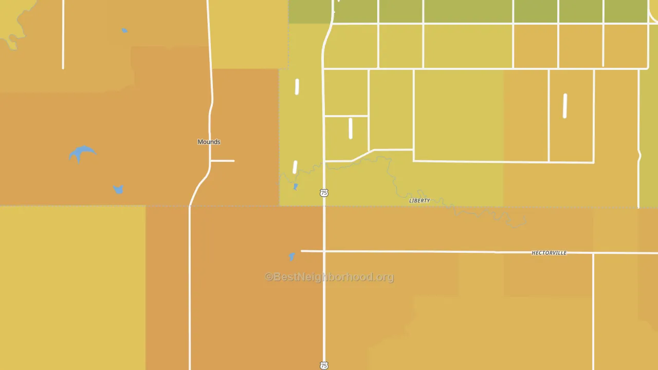Map of the best neighborhoods in the 74047 area, with better matches in green and worse matches in red