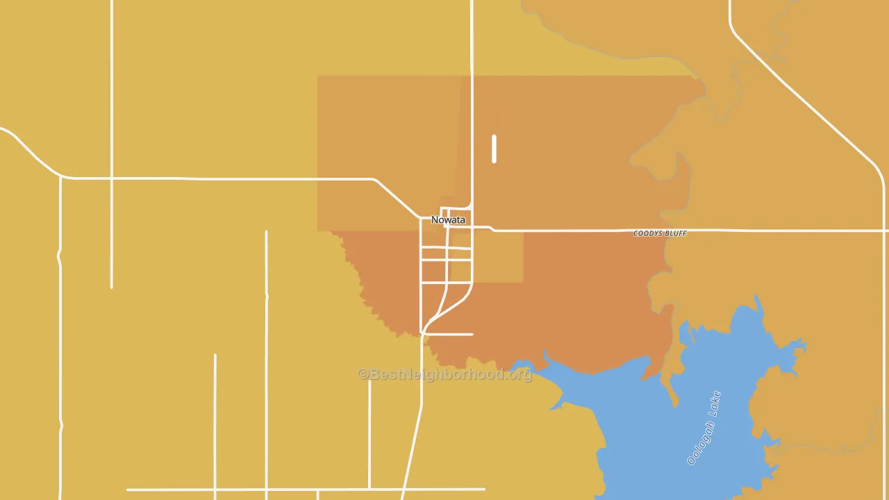 Map of the best neighborhoods in the 74048 area, with better matches in green and worse matches in red