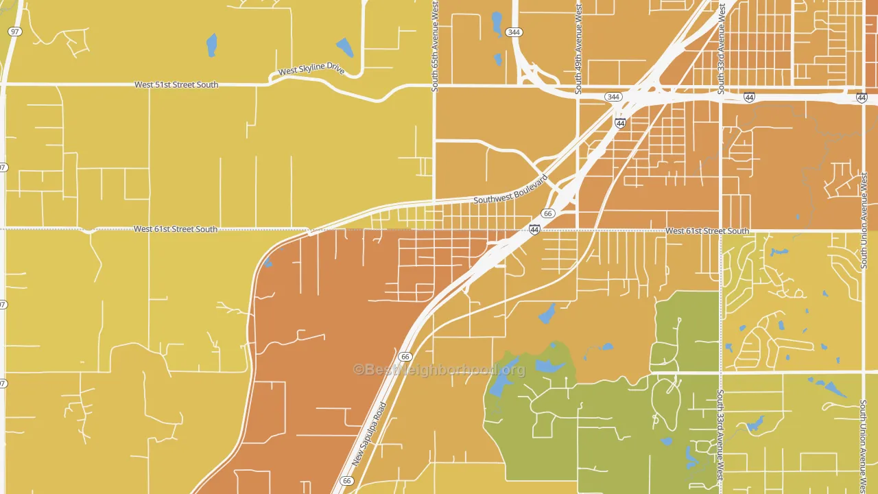 Map of the best neighborhoods in the 74050 area, with better matches in green and worse matches in red