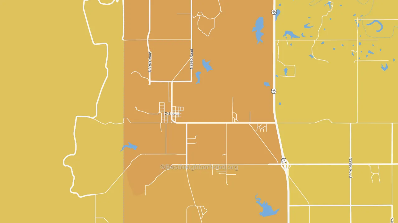 Map of the best neighborhoods in the 74051 area, with better matches in green and worse matches in red
