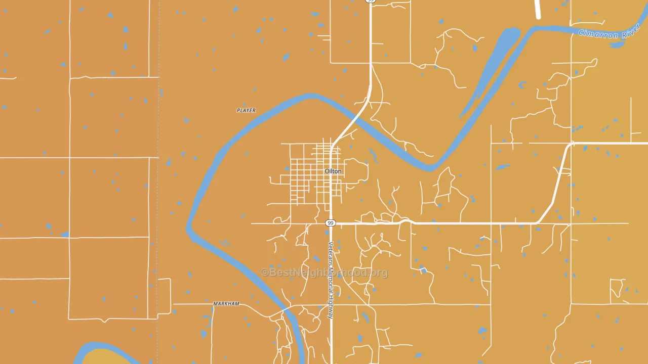 Map of the best neighborhoods in the 74052 area, with better matches in green and worse matches in red