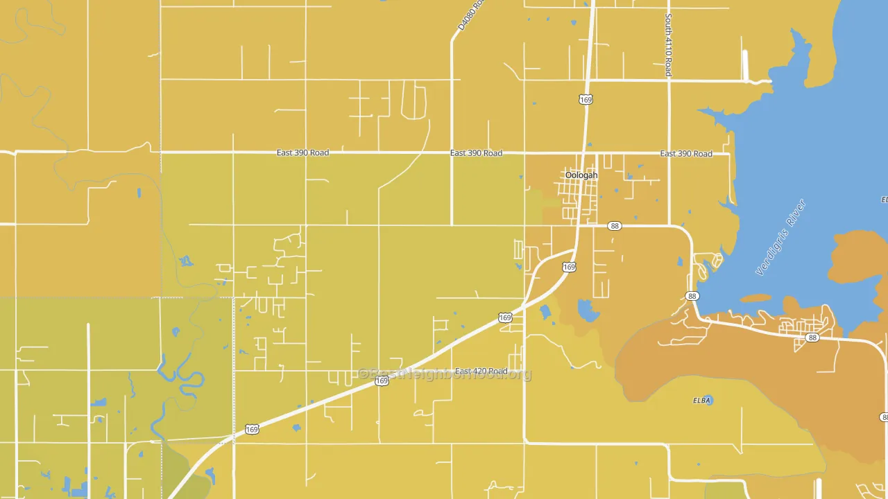Map of the best neighborhoods in the 74053 area, with better matches in green and worse matches in red