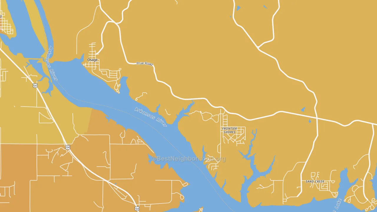 Map of the best neighborhoods in the 74054 area, with better matches in green and worse matches in red