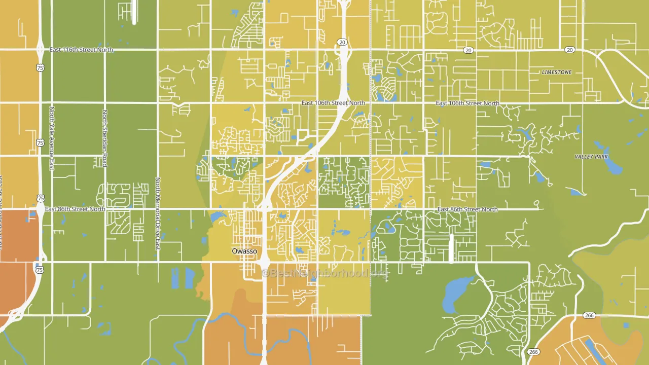 Map of the best neighborhoods in the 74055 area, with better matches in green and worse matches in red