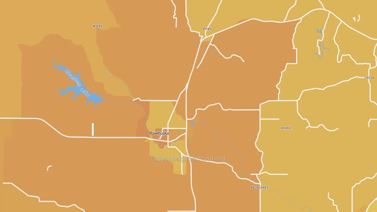 Map of the best neighborhoods in the 74056 area, with better matches in green and worse matches in red