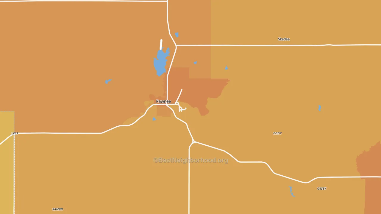Map of the best neighborhoods in the 74058 area, with better matches in green and worse matches in red