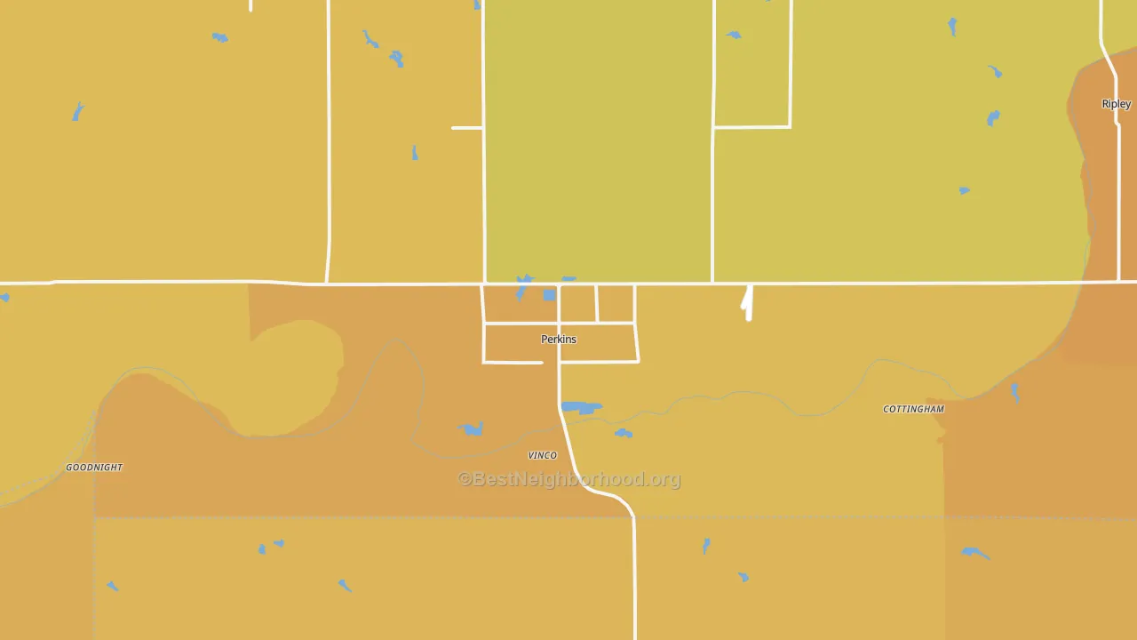 Map of the best neighborhoods in the 74059 area, with better matches in green and worse matches in red