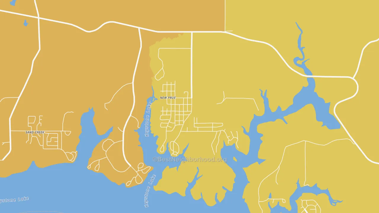 Map of the best neighborhoods in the 74060 area, with better matches in green and worse matches in red