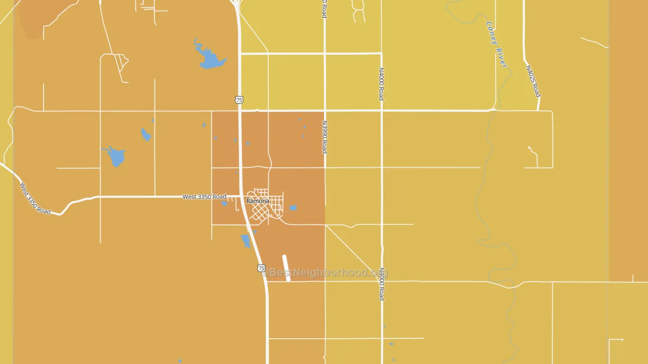 Map of the best neighborhoods in the 74061 area, with better matches in green and worse matches in red