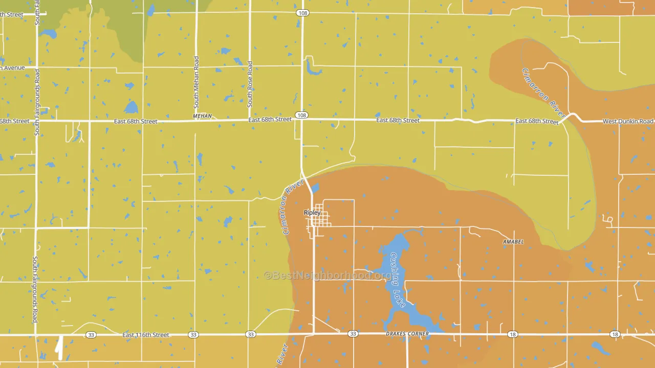 Map of the best neighborhoods in the 74062 area, with better matches in green and worse matches in red
