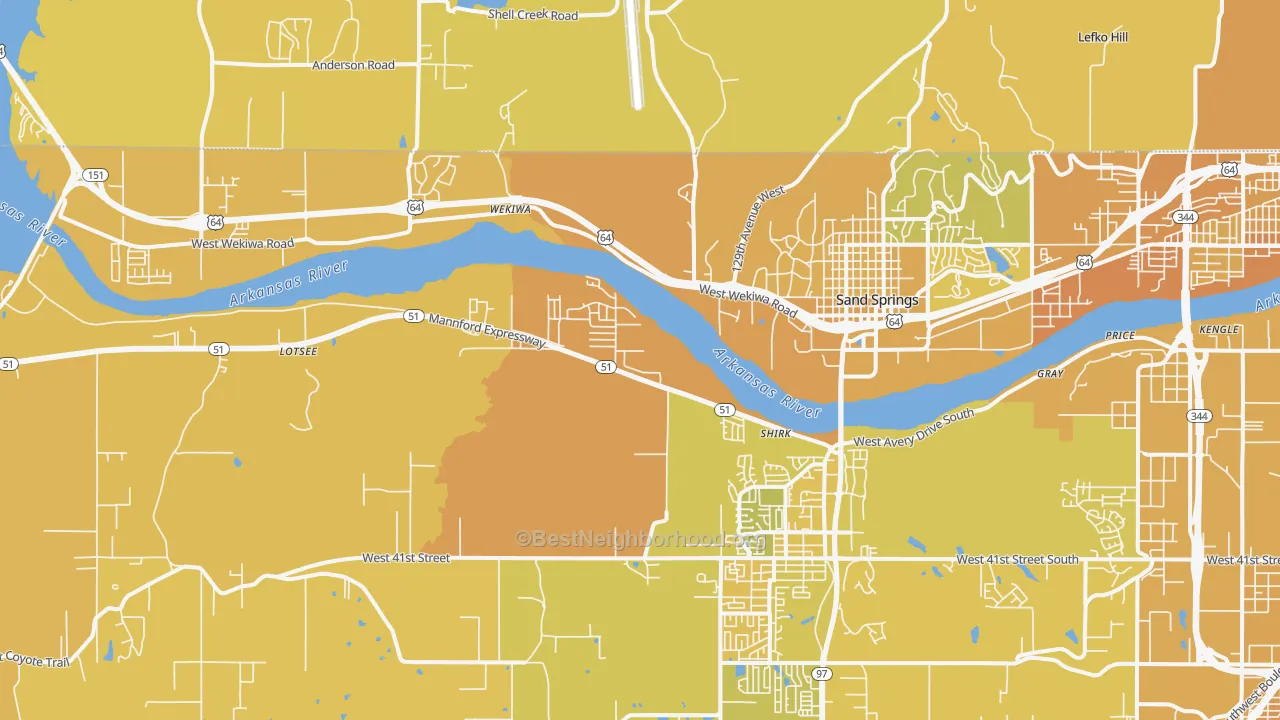 Map of the best neighborhoods in the 74063 area, with better matches in green and worse matches in red