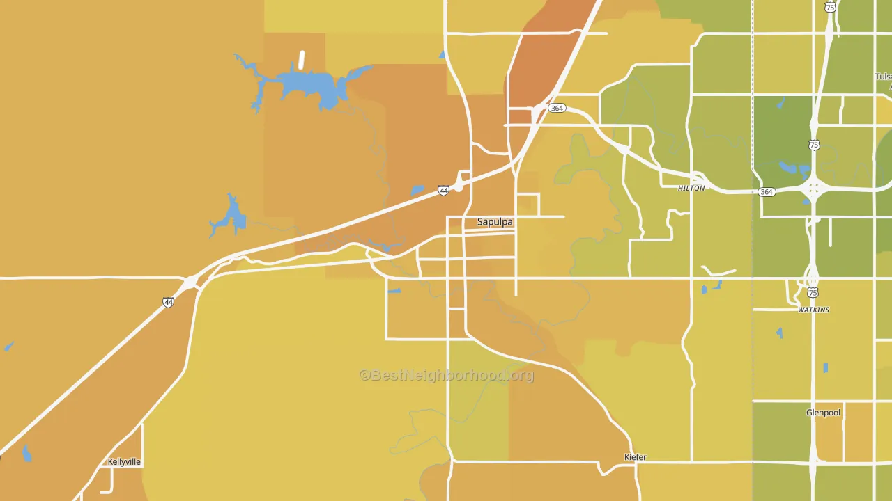 Map of the best neighborhoods in the 74066 area, with better matches in green and worse matches in red