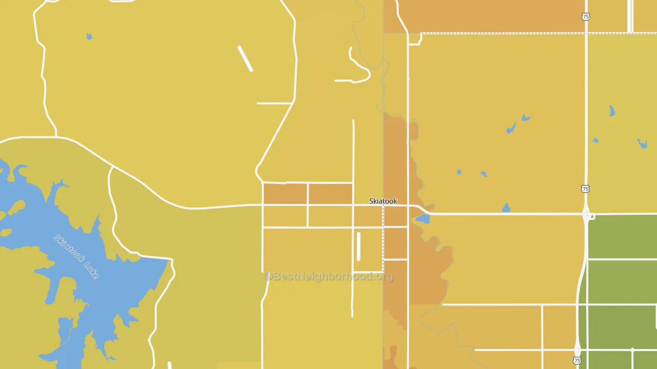 Map of the best neighborhoods in the 74070 area, with better matches in green and worse matches in red