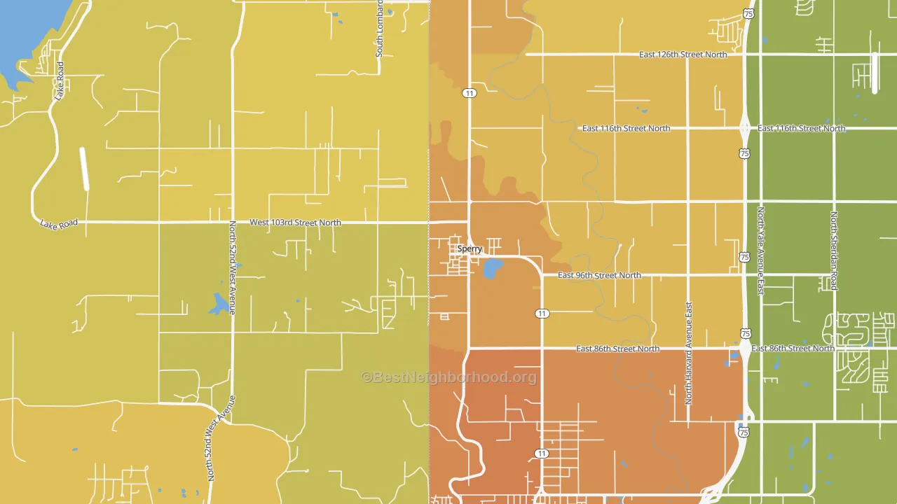 Map of the best neighborhoods in the 74073 area, with better matches in green and worse matches in red