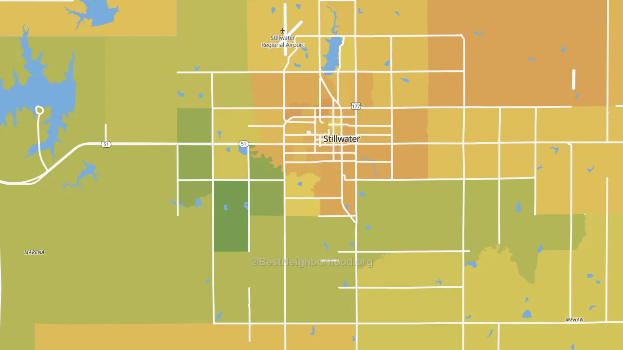 Map of the best neighborhoods in the 74074 area, with better matches in green and worse matches in red