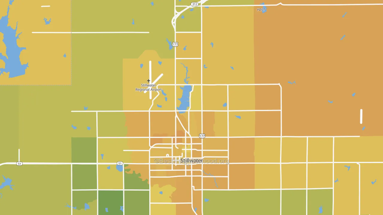 Map of the best neighborhoods in the 74075 area, with better matches in green and worse matches in red