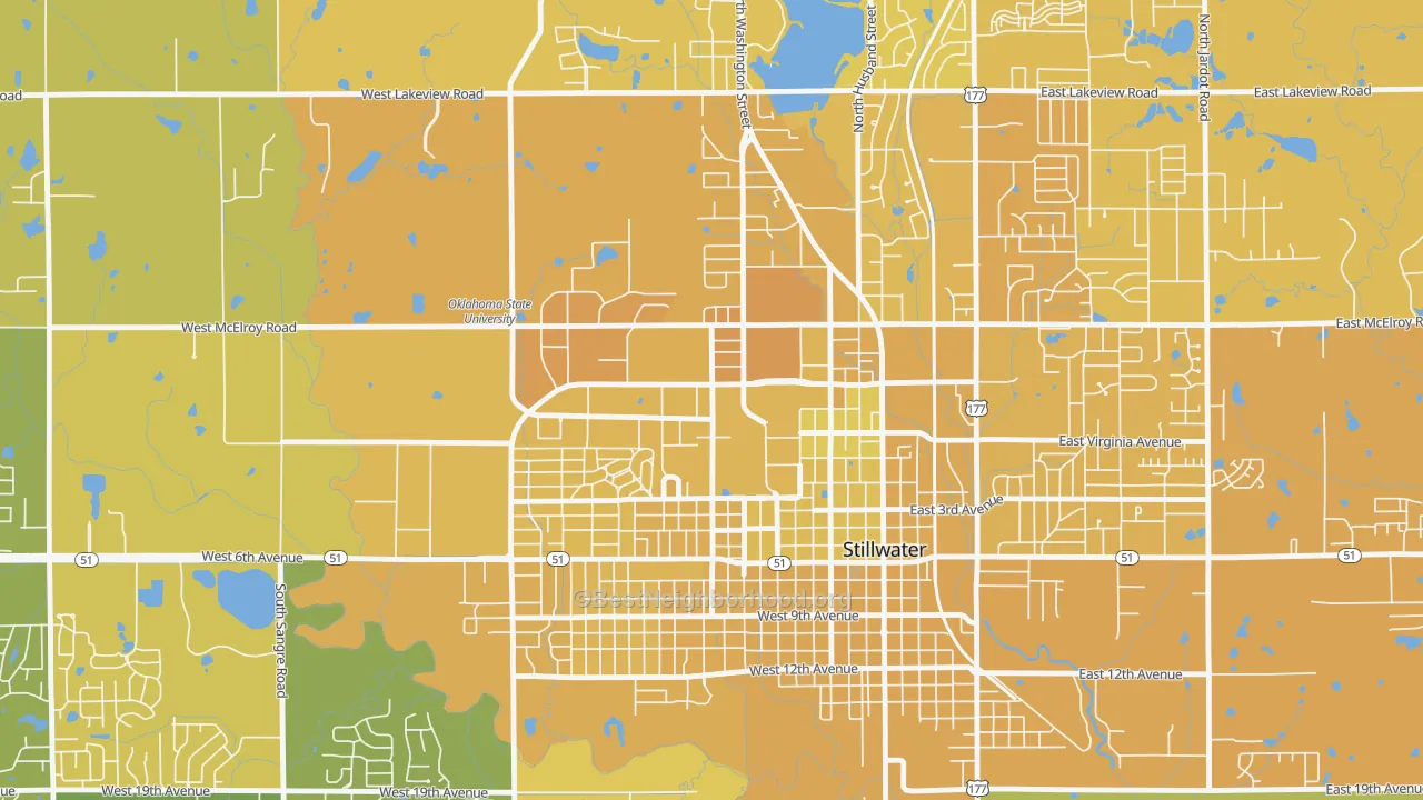 Map of the best neighborhoods in the 74078 area, with better matches in green and worse matches in red