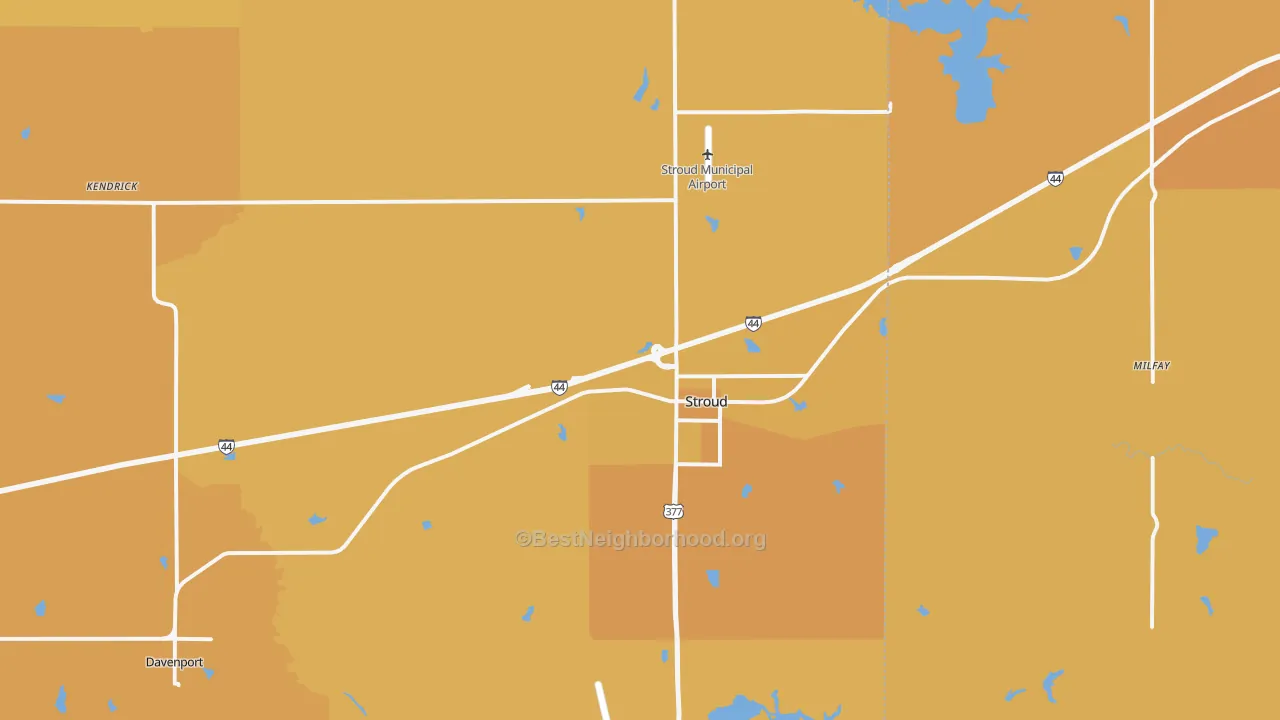Map of the best neighborhoods in the 74079 area, with better matches in green and worse matches in red