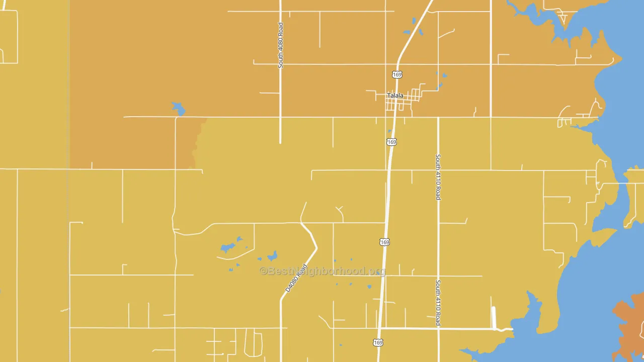 Map of the best neighborhoods in the 74080 area, with better matches in green and worse matches in red