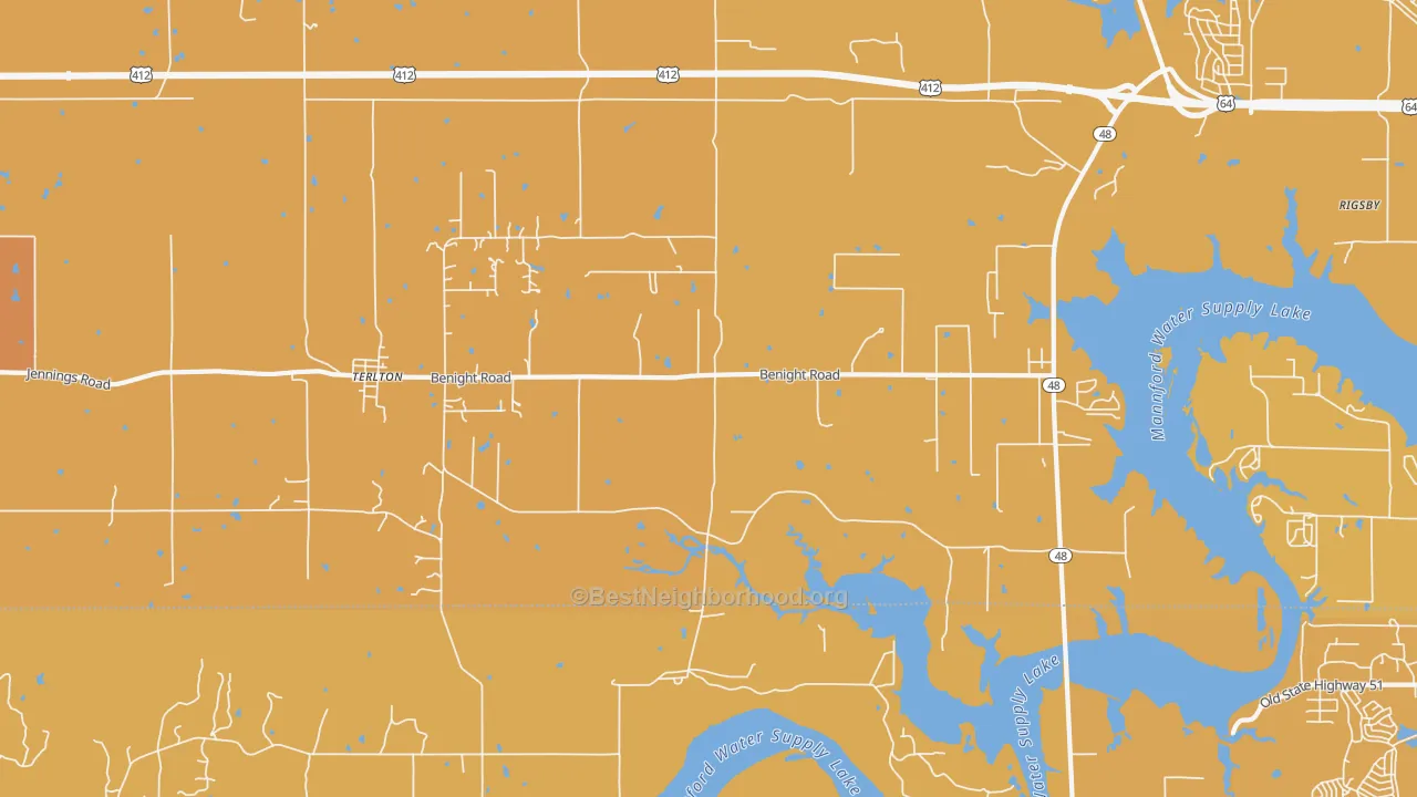 Map of the best neighborhoods in the 74081 area, with better matches in green and worse matches in red