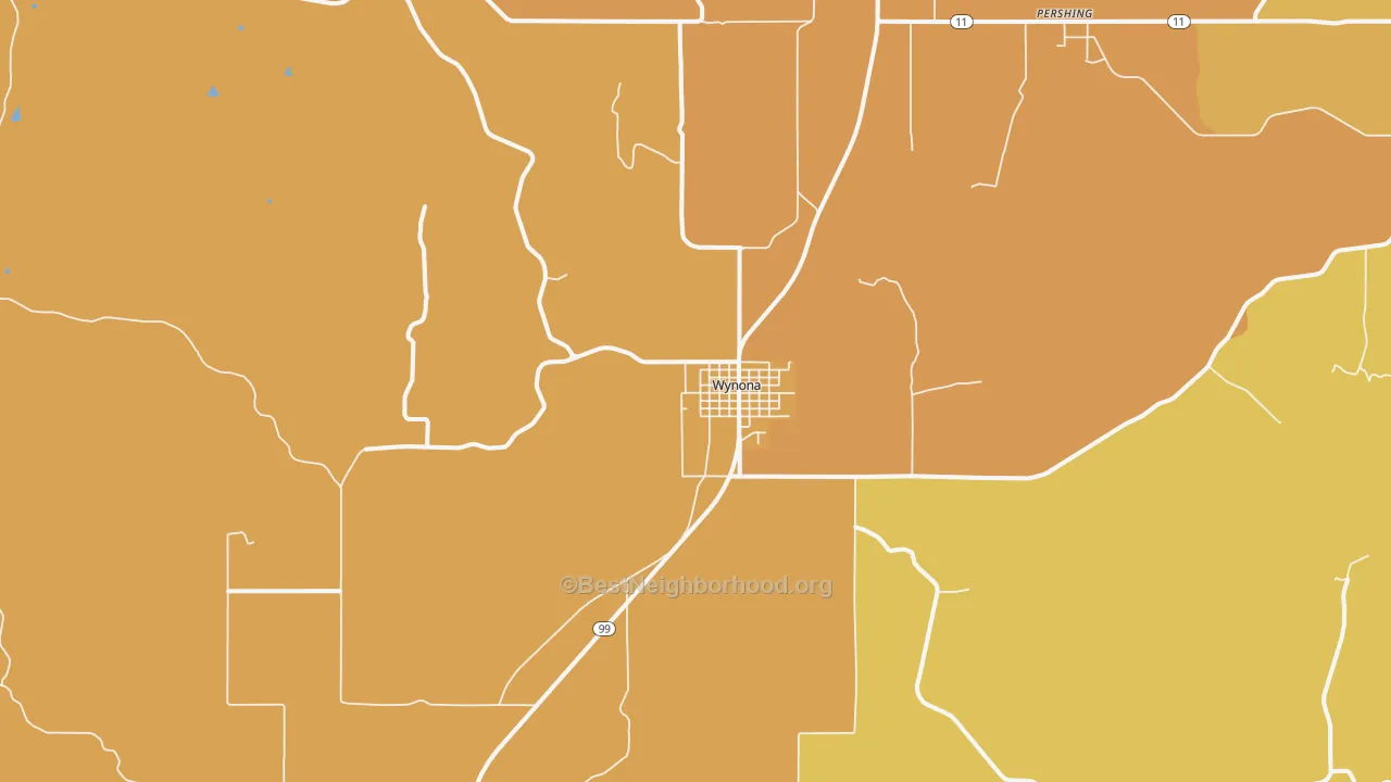 Map of the best neighborhoods in the 74084 area, with better matches in green and worse matches in red