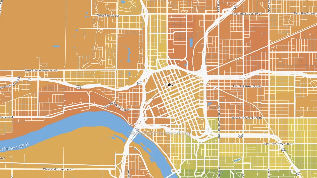 Map of the best neighborhoods in the 74103 area, with better matches in green and worse matches in red