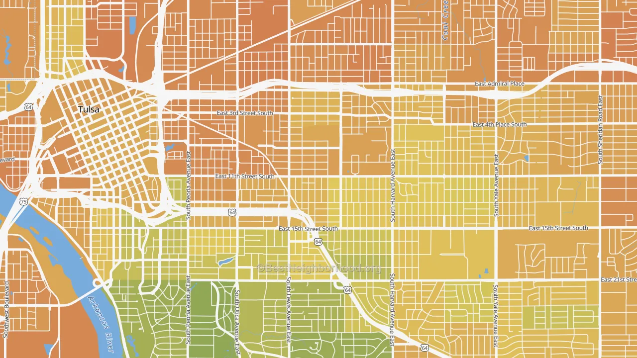 Map of the best neighborhoods in the 74104 area, with better matches in green and worse matches in red